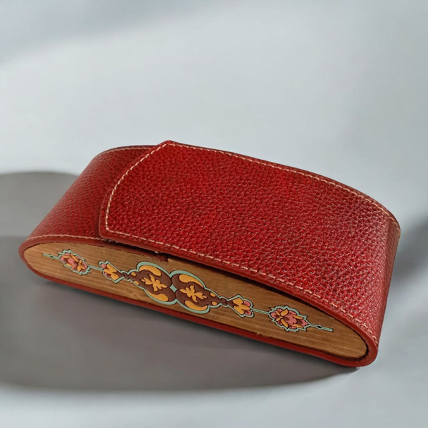 Luxury Hand-Painted Wooden & Leather Ray-Ban Sunglasses Case Artisan Detail View