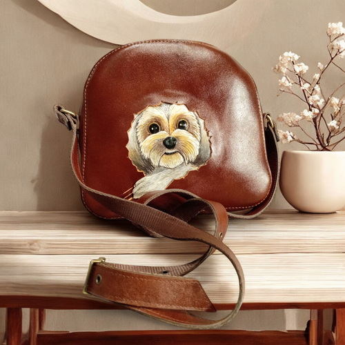 Handcrafted Hand-Painted Leather Dog Crossbody Bag for Home and Gift
