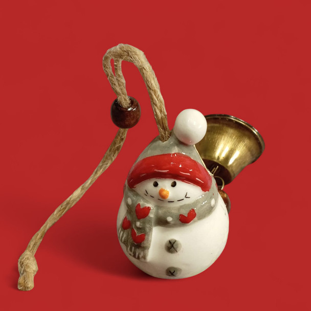 Luxury Snowman Bell Ornament Festive Ceramic Artisan Detail View