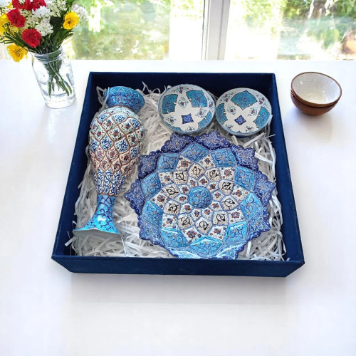 A complete Luxury Minakari Copper Gift Set featuring a hand-painted plate, vase, and two bowls nestled in a premium blue velvet 26x26 cm box.