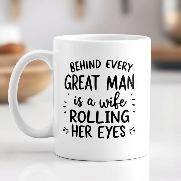 A professional product photo of a humorous couple-themed mug, presented in a clean and bright setting.