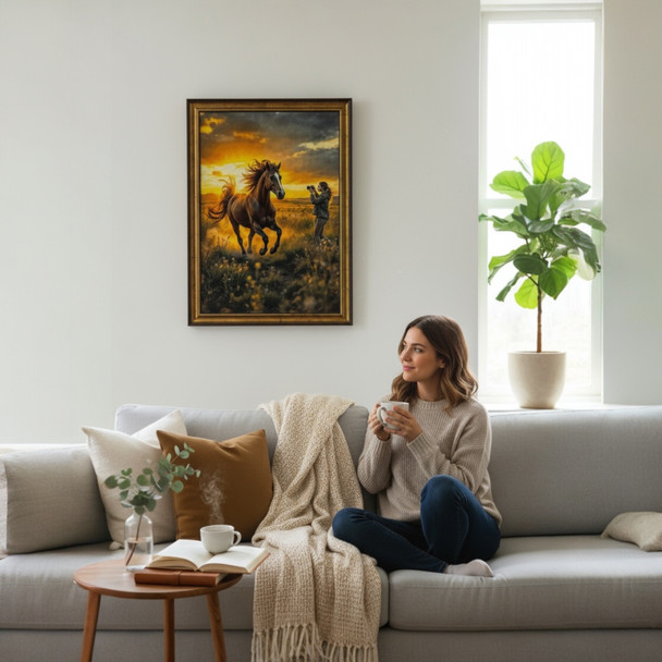 Horse and Photographer Wall Carpet – 50x70 cm Machine-Made Woven Art | Sunset Scene Tapestry Rug