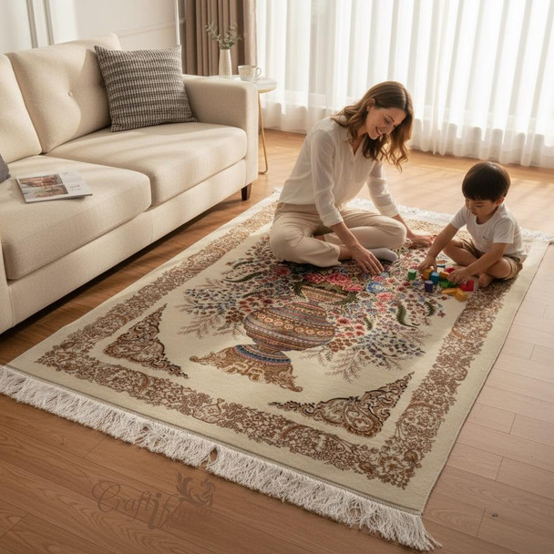 Floral Pattern Silk Carpet – 150x100 Cm Machine-made Floor Silk Area Home Décor & Gift | Authentic Soft Sajadah | Elegant Muslim Prayer Rug - Luxury Handcrafted Art Craftihouse Dubai