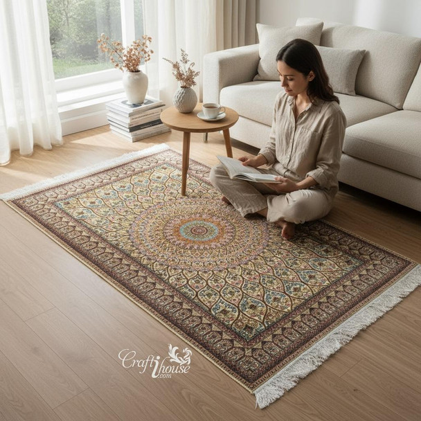 "gonbadi" Design Silk Carpet – Machine Made Decorative Rug (150x100 Cm) | Premium Islamic Prayer Mat | Traditional Janamaz Decor - Luxury Handcrafted Art Craftihouse Dubai
