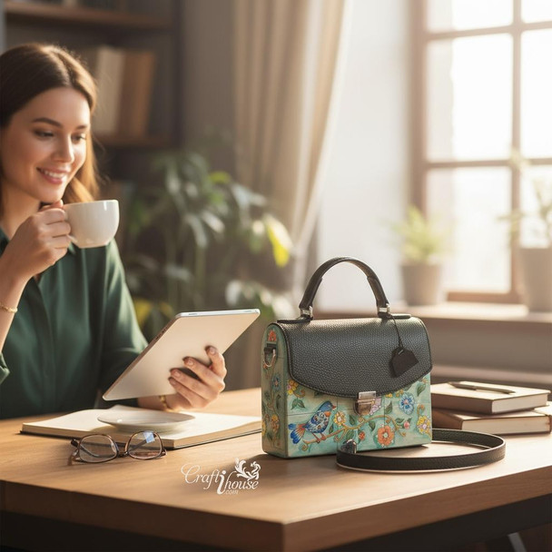 Hand painted floral and birds wooden leather crossbody bag