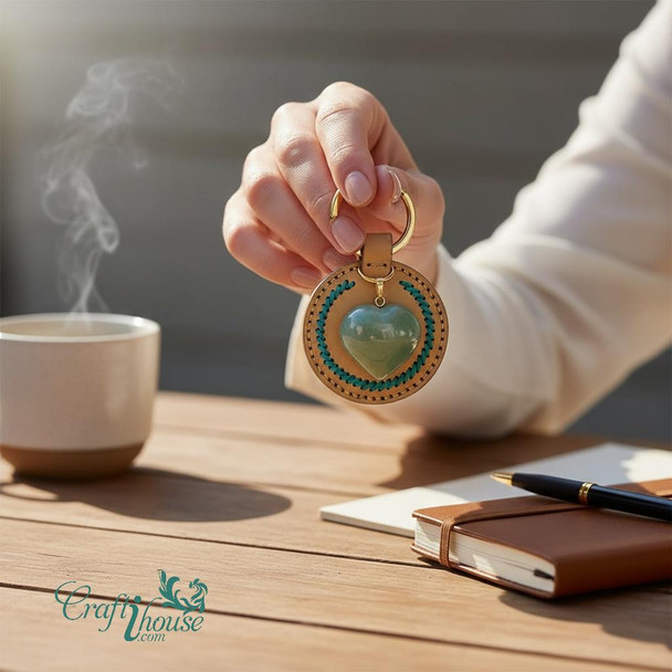 Handmade Leather Keychain With Heart-shaped Green | Luxury Artisan Heart Stone | Unique Natural Deco - Luxury Handcrafted Art Craftihouse Dubai