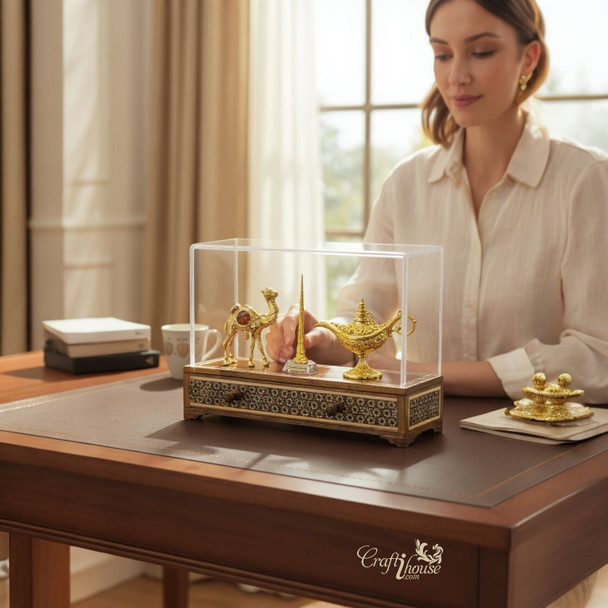 Luxury Khatamkari Wooden Display Box with Golden Souvenirs