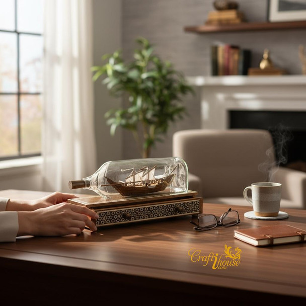 An exclusive Craftihouse décor piece showing a miniature ship in a bottle, perfectly balanced on a luxury Khatamkari marquetry box.