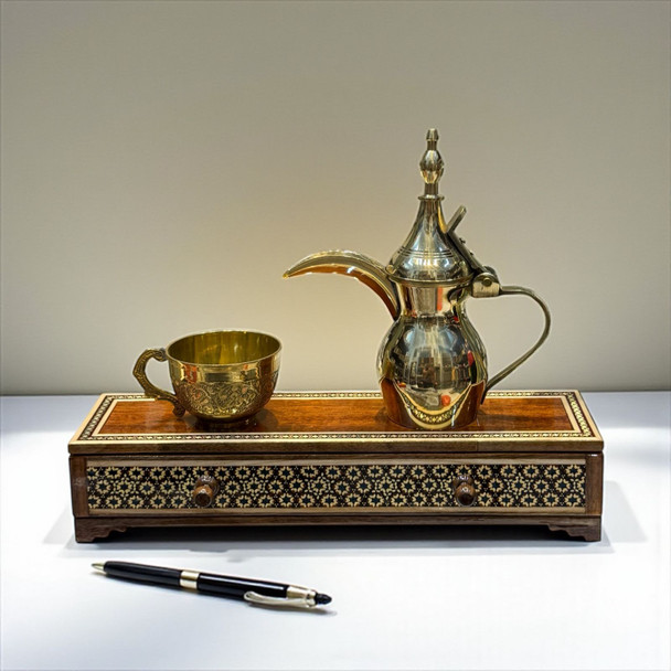 Exclusive Handmade Khatamkari Wooden Drawer Box with Decorative Brass Dallah & Coffee Cup Heritage Collection View