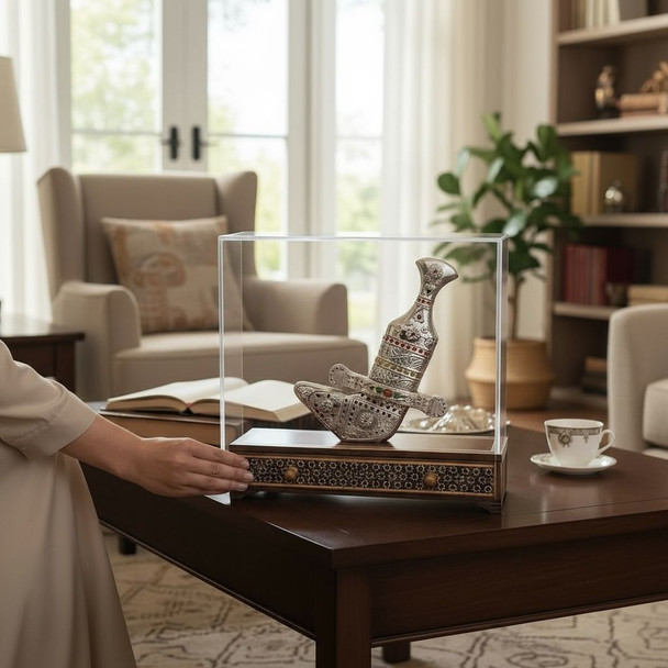 Luxury Khatamkari wooden display box with a traditional UAE Khanjar dagger and Arabian sailboat souvenir