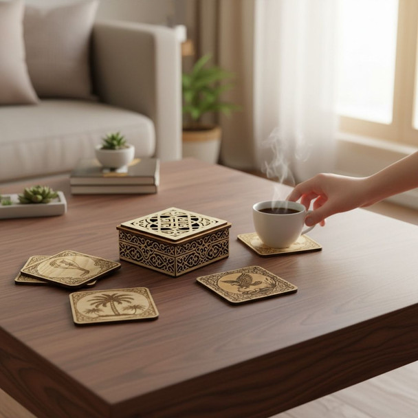 Luxury Wooden Coaster Set With Decorative Artisan Detail Shot