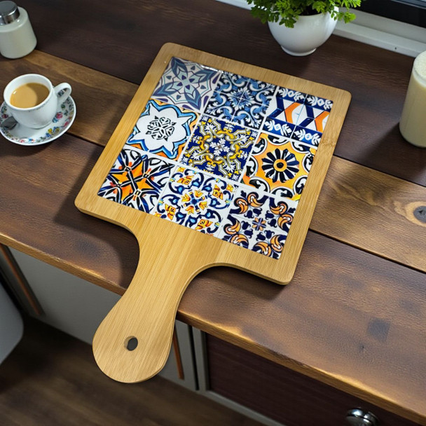 Exclusive Square Wooden Breadboard with Artistic Tile Pattern Heritage Collection View