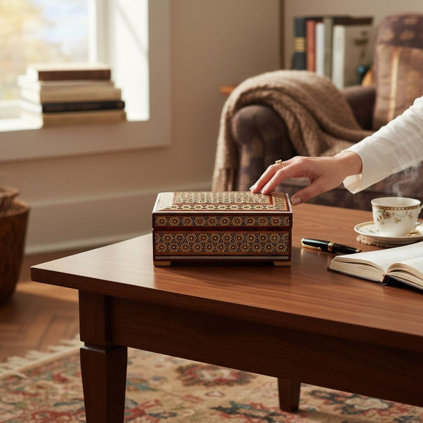 A sophisticated 17x12x7 cm jewelry box, expertly crafted with Khatamkari inlay techniques on high-quality beech wood.