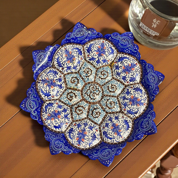 Artisan made Persian enamel copper plate for tabletop decor