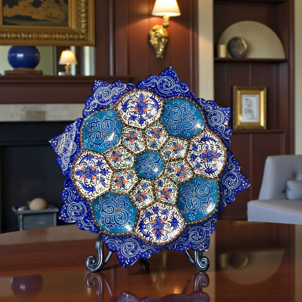 A professional product presentation of the exclusive handmade royal blue and turquoise Minakari copper art piece from a premier UAE shop.