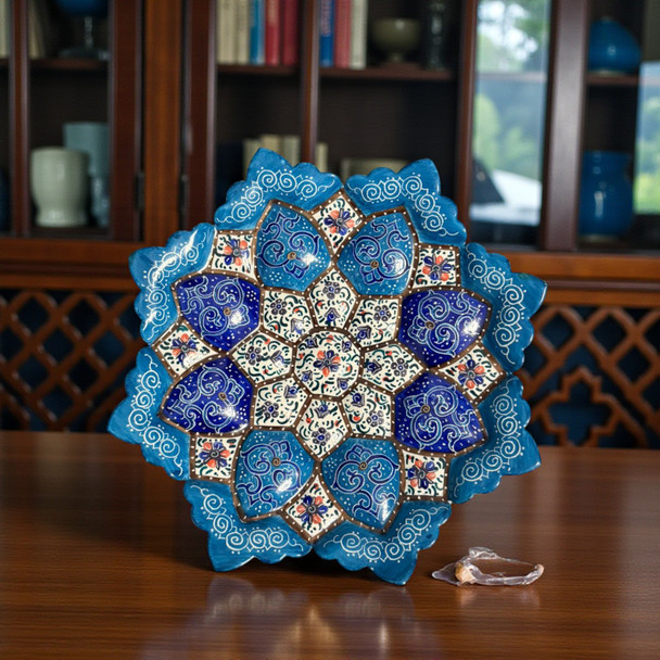 A professional product presentation of the exclusive handmade enameled copper art piece from a premier UAE shop.