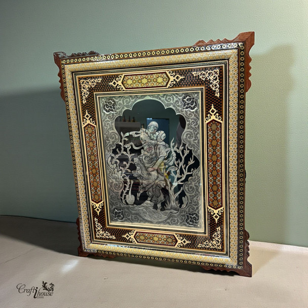 Handcrafted Khatamkari wooden frame with engraved copper miniature of Layla and Majnun Persian love story