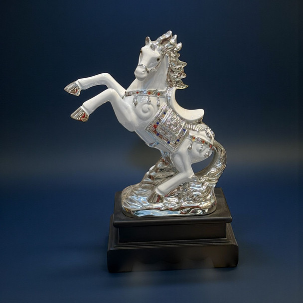 30cm rearing golden horse statue on a black base, a popular Feng Shui symbol for career success and prosperity.