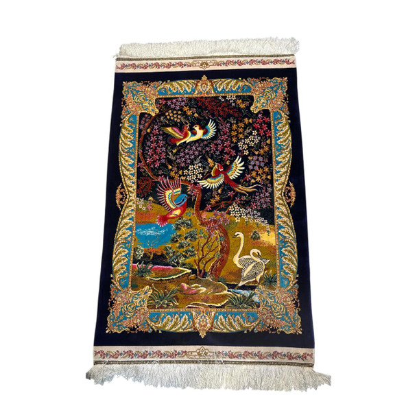 Royal navy blue 100% silk carpet 60x90cm, featuring a Tree of Life with white swans and birds, luxury Persian wall decor