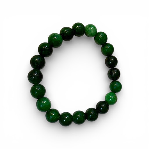 A circular beaded bracelet featuring polished round stones in shades of forest and emerald green on a white background.