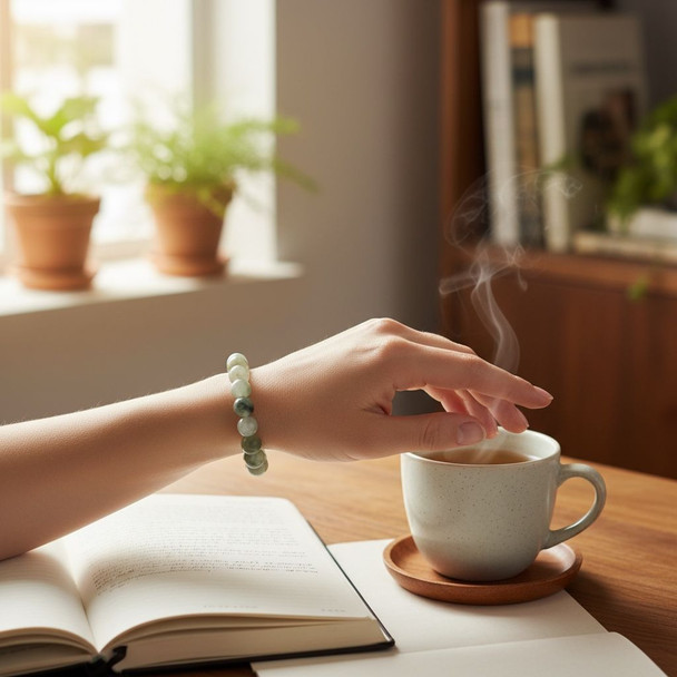 A circular stretch bracelet featuring translucent light mint and sea-foam green natural stone beads.