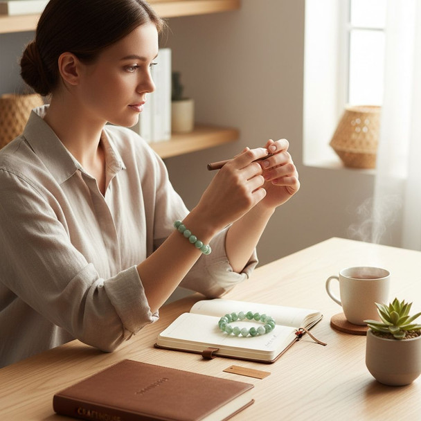A woman wearing a serene natural green stone bead bracelet while journaling, showcasing the bracelet as a beautiful, thoughtful lifestyle gift.