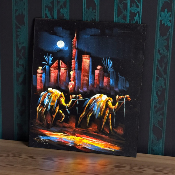 Premium Dubai Skyline Desert Caravan Oil Painting On Black Velvet Handmade Burj Khalifa Wall 30x25 Cm Masterpiece Handcrafted Craftsmanship