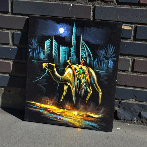 Premium Burj Al Arab & Desert Moon Oil Painting On Black Velvet Handmade Blue Skyline Art 30x25 Cm Original Handcrafted Craftsmanship