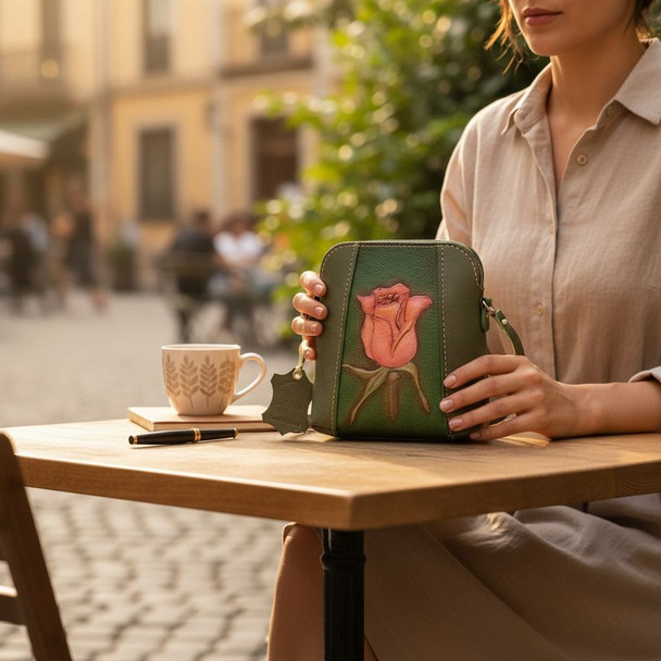 Front view of the olive green genuine cow leather crossbody bag featuring a vibrant 3D hand-painted embossed rose.