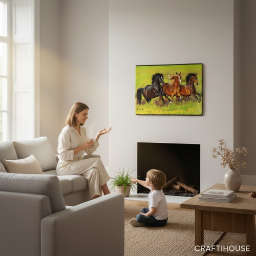 Luxury Galloping Horses Decorative Carpet Artisan Detail Shot