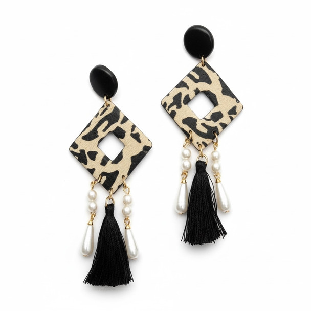Luxury Leopard Print Rhombus Statement Earrings Artisan Detail Shot