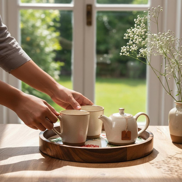 A 30x30 cm round mango wood tray featuring a hand-painted interior with grey cranes and red flowers on an ivory background.
