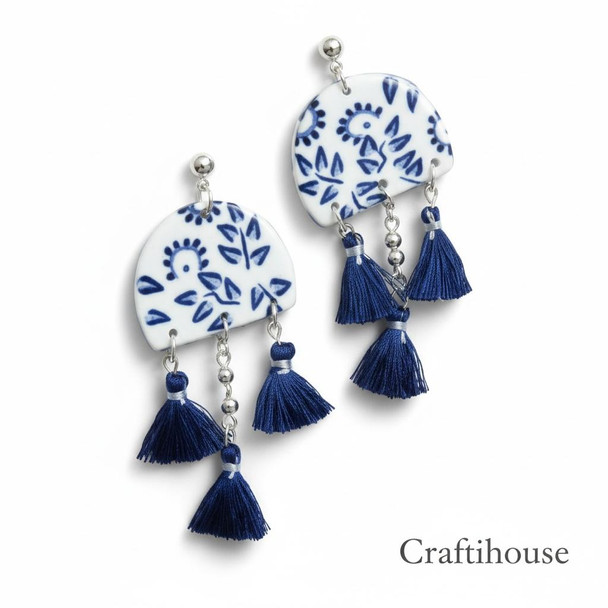 Luxury Indigo Chinoiserie Tassel Earrings Artisan Detail Shot
