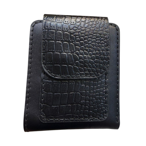 Front view of the black croc-embossed cow leather wallet featuring a secure snap flap.