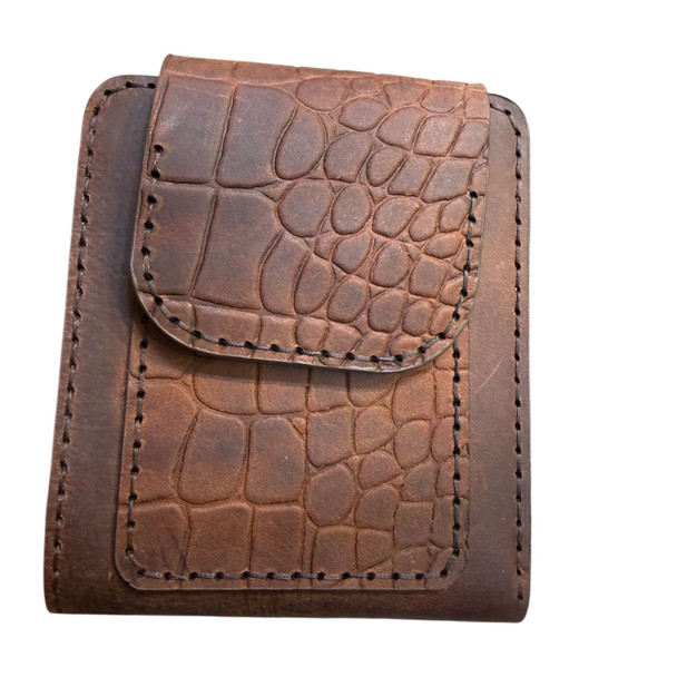 Deep mahogany brown cow leather wallet with a realistic crocodile embossed pattern.