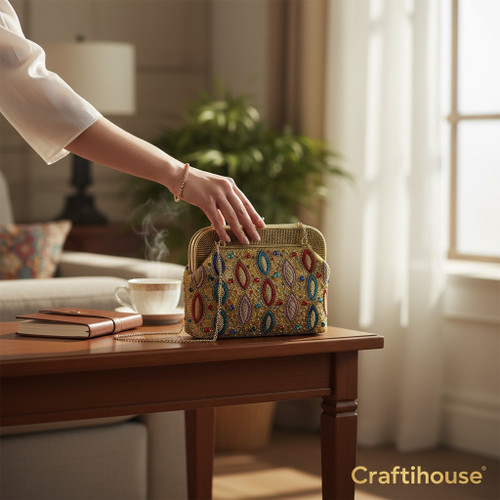 Detailed view of the delicate gold chain strap and the vibrant hand-beaded crystal accents on the party bag.