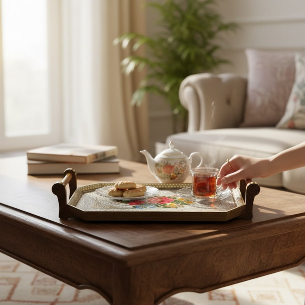 Top-down exhibition view of a premium 40x24 cm Persian Khatamkari inlaid wooden serving tray featuring a hand-painted miniature composition of birds and flowers as a luxury home decor gift.
