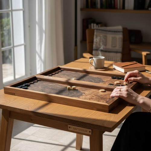 A closed 60x60 cm handmade wood backgammon board featuring a deep-relief embossed horse carving on the exterior.