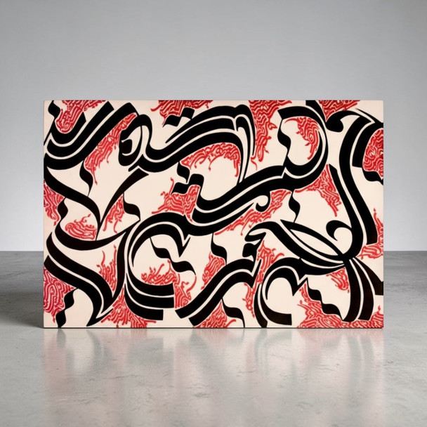 A large 100×150 cm contemporary abstract calligraphy painting in black and white acrylic on canvas.