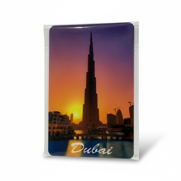 A 4×6 cm customized aluminum fridge magnet featuring a vibrant print of the Burj Khalifa and Dubai skyline.