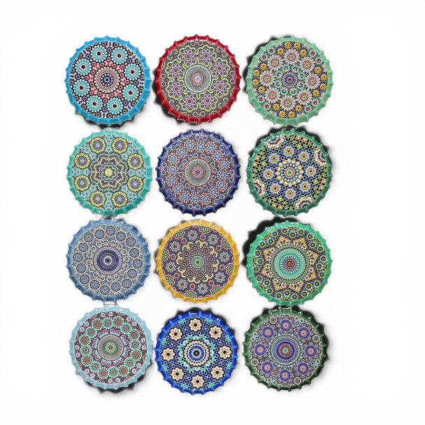 A single 10 cm ceramic mug coaster featuring a vibrant geometric mandala pattern in various colors.