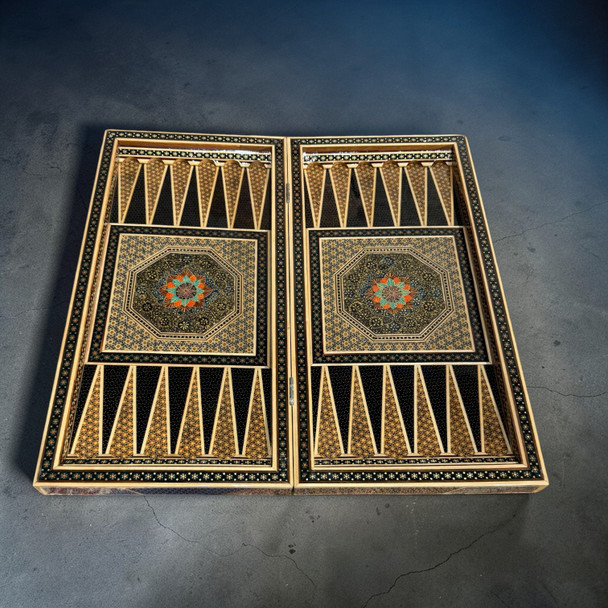 A 60x60 cm handcrafted Khatamkari game board open to show the hand-painted Tezhib illumination backgammon surface.
