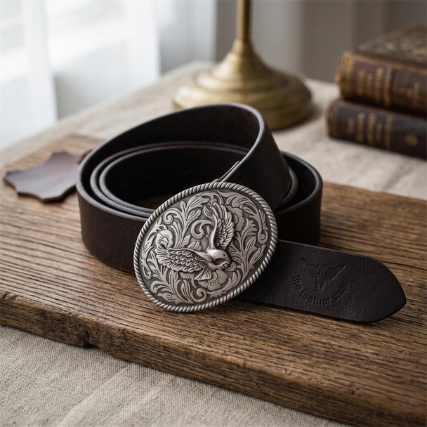 A premium handmade natural leather belt in a rich tan color featuring a polished silver-tone buckle.