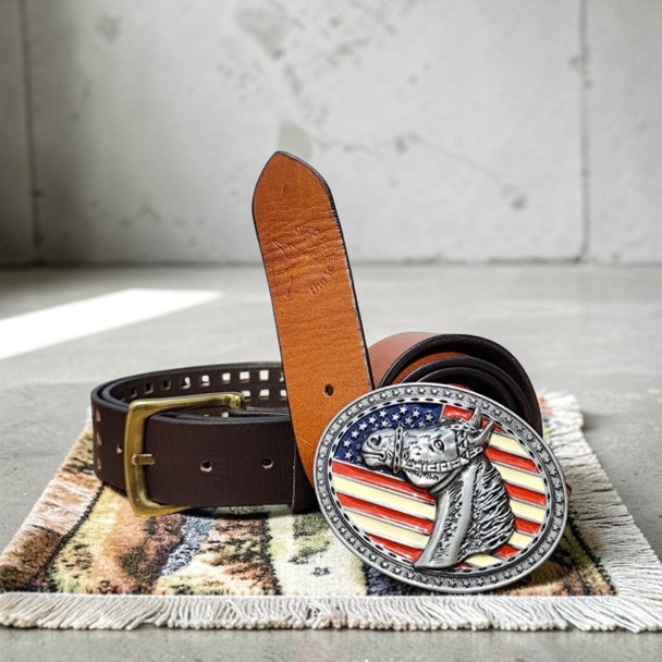 A premium handmade natural leather bifold belt in a rich tan color, showcasing the clean minimalist exterior.