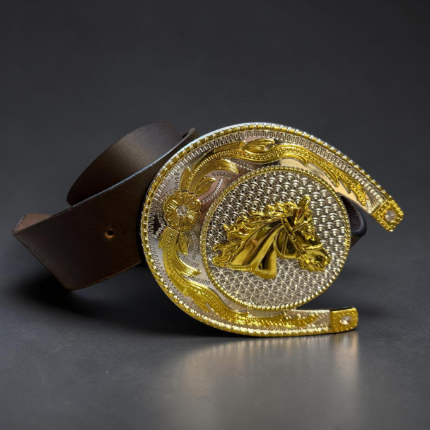 A premium handmade natural leather belt in a rich tan color featuring a vintage-style metallic horse head buckle.