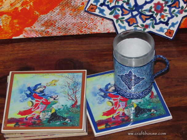 An elegantly displayed coaster set featuring Persian miniature scenes, perfect for adding a touch of cultural class to any tabletop.