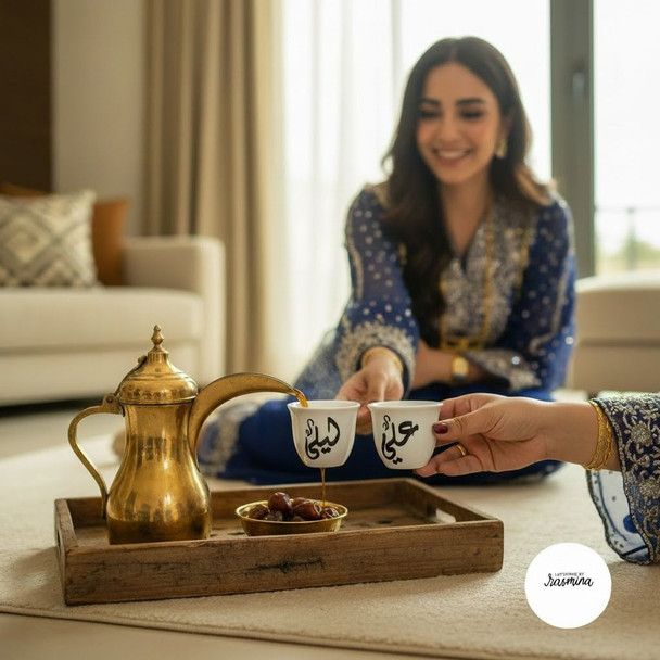 A premium porcelain Ghawa cup titled "The Golden Diwan" featuring