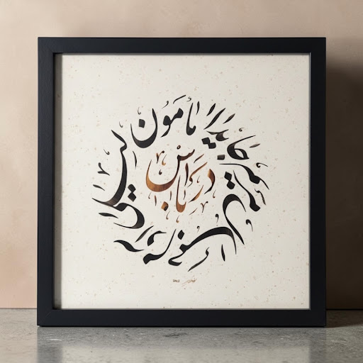 Custom hand-lettered Arabic family name calligraphy in a premium gold-toned frame.