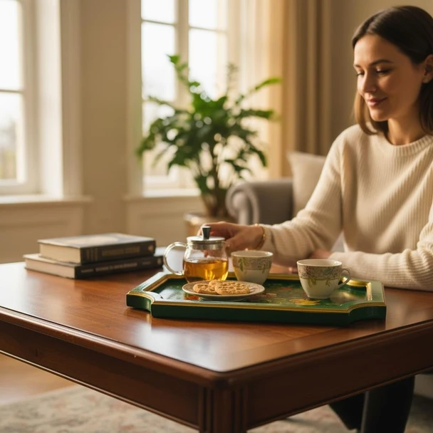 Rectangular emerald green wooden tray with hand-painted Persian floral motifs and scalloped gold rim