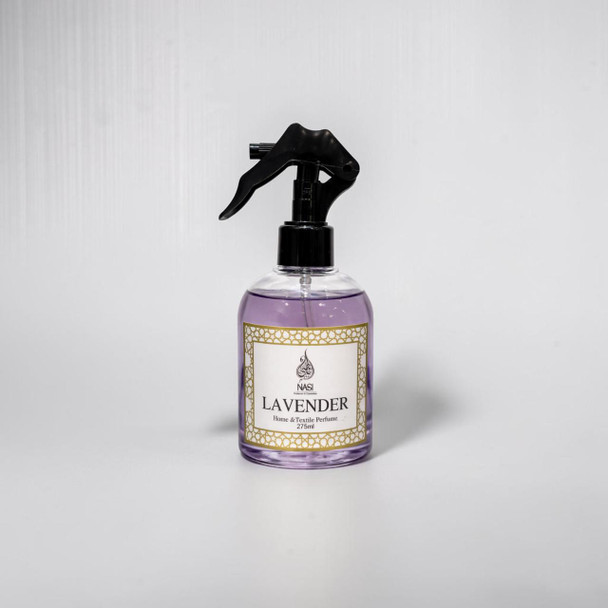 Elegant promotional shot of the 275ml Lavender textile and room perfume mist, emphasizing its minimalist styling for upscale residential living spaces.